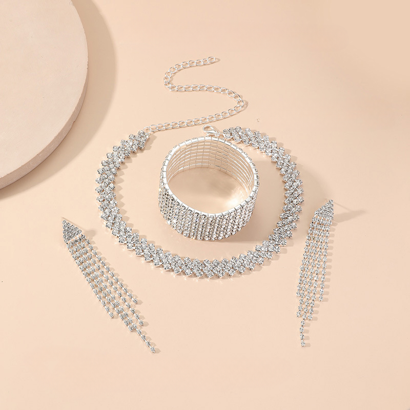 Wholesale Irregular Full Diamond Claw Chain Bracelet Earring Bacelet Rhinestone Three-Piece Set